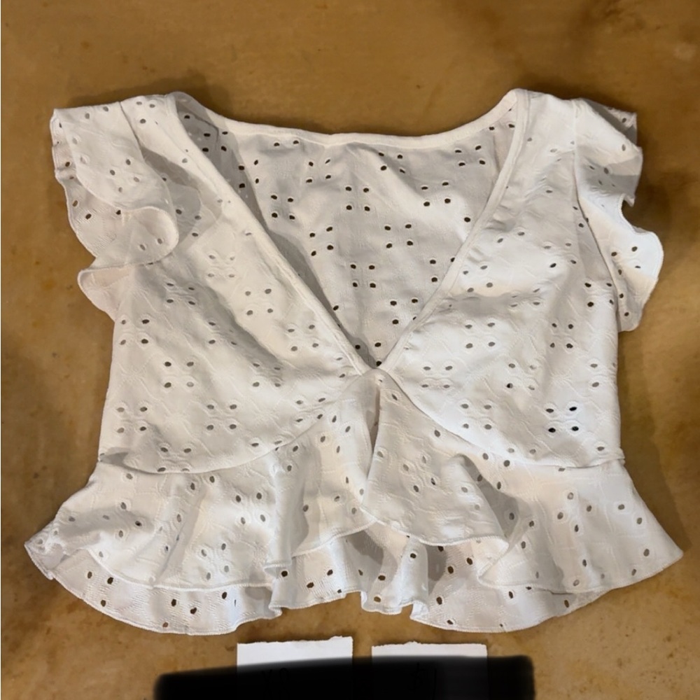 SHEIN White Eyelet Ruffle Blouse